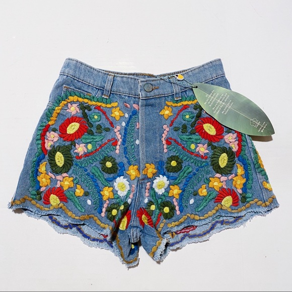 FARM Rio Pants - Farm Rio - Embroidered Denim Shorts